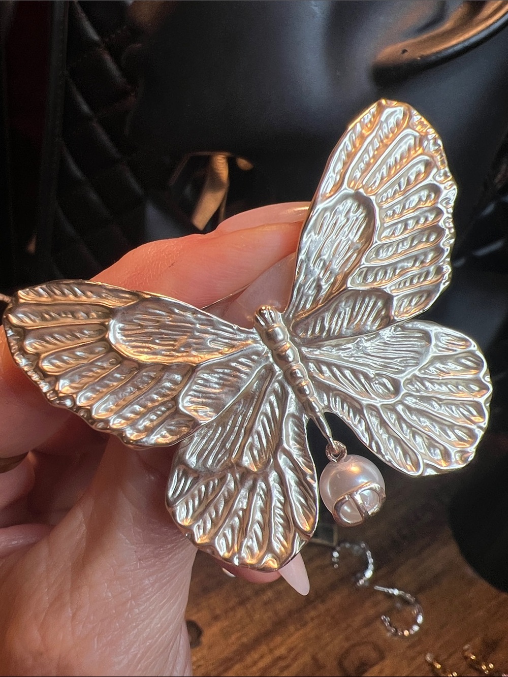Silver Butterfly Brooch with Pearl Charm